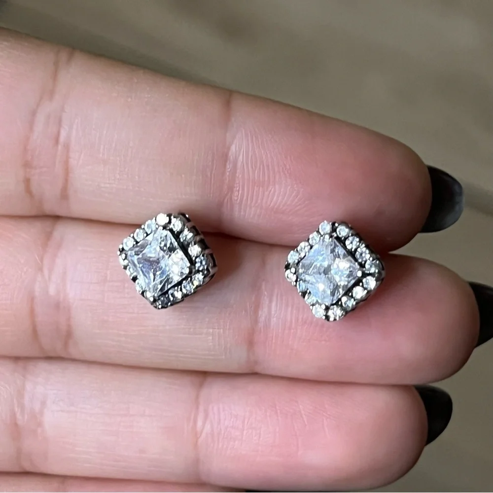 Princess Cut CZ Diamond Square Halo Studs Dainty Small Earrings Jewelry Accessor - Picture 11 of 16